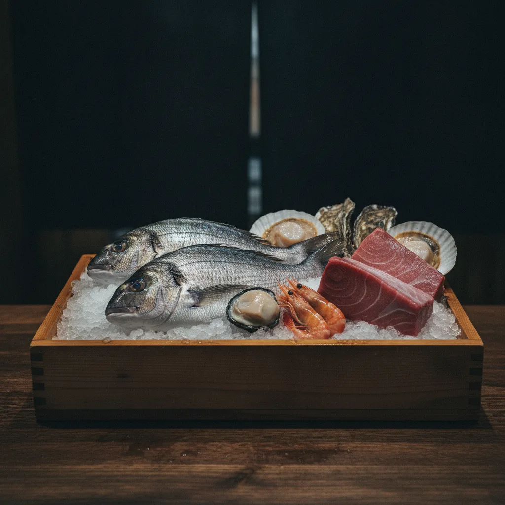 今朝届いた魚介——鯛、鮪の柵、帆立、牡丹海老を氷を敷いた木箱に。