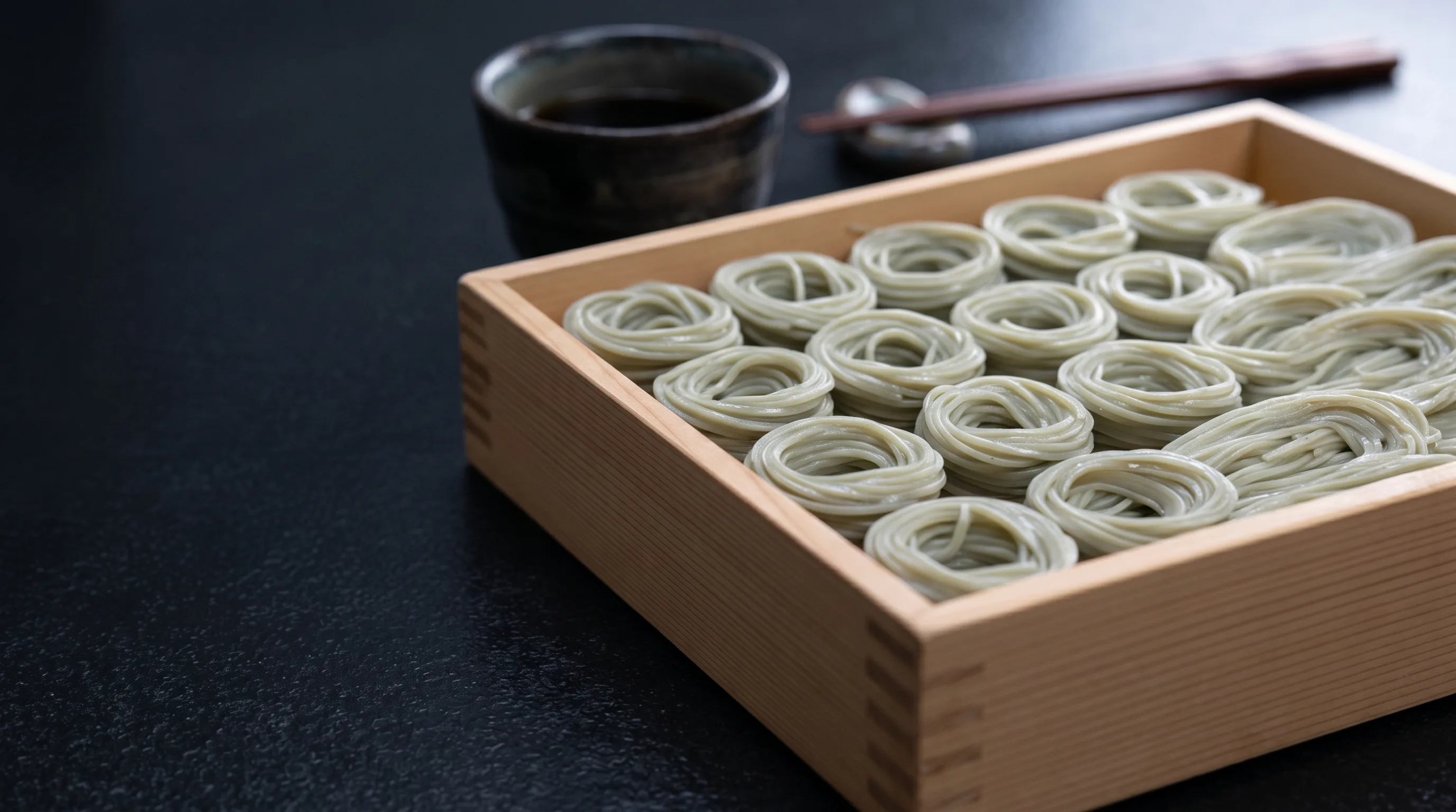へぎ蕎麦——木のへぎに、一手繰りずつ並べた蕎麦と、出汁つゆの猪口。